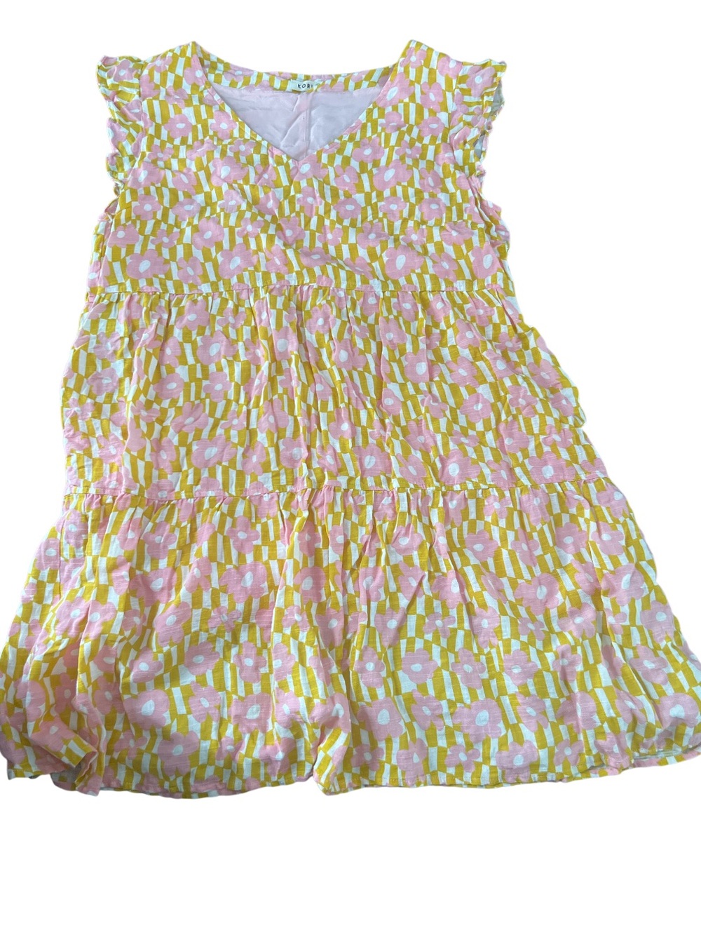 KORI Floral Checkerboard Tiered Mini Dress - Size L